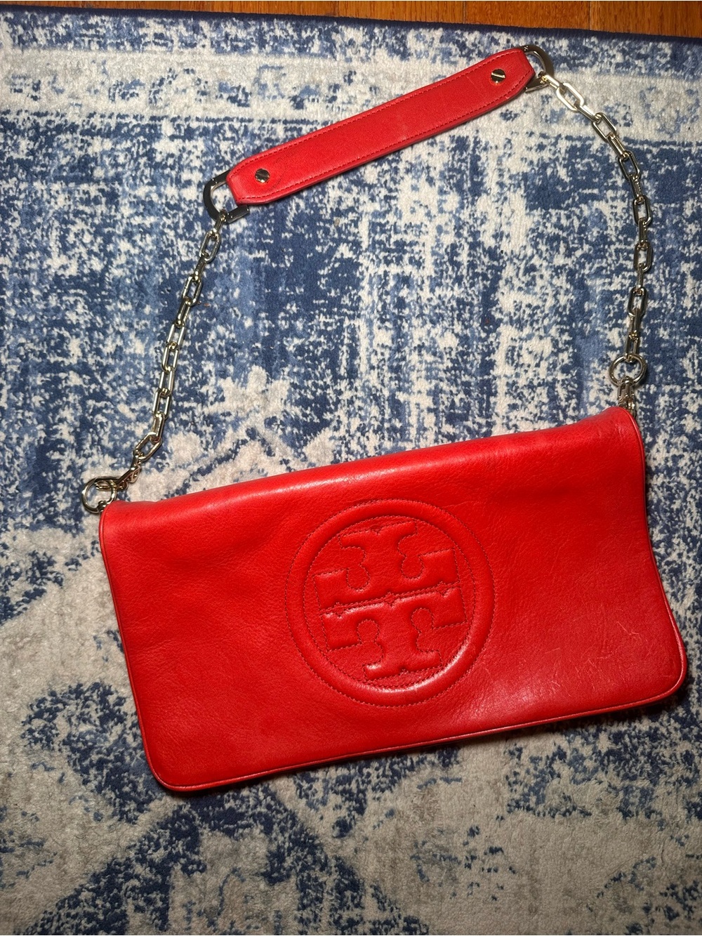 Tory Burch Red Leather Chain Shoulder Clutch with Embossed Logo